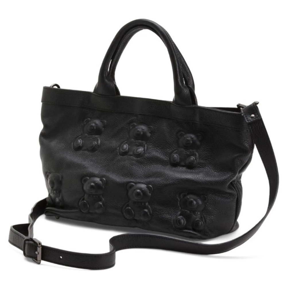 IO Pelle  Black Leather Tote with Embossed Teddy Motif medium